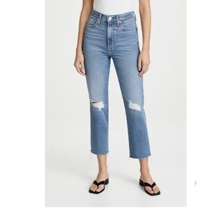 RE/DONE High Rise Stove Pipe Jeans 27 Cropped Distressed Raw Hem Vintage Blue